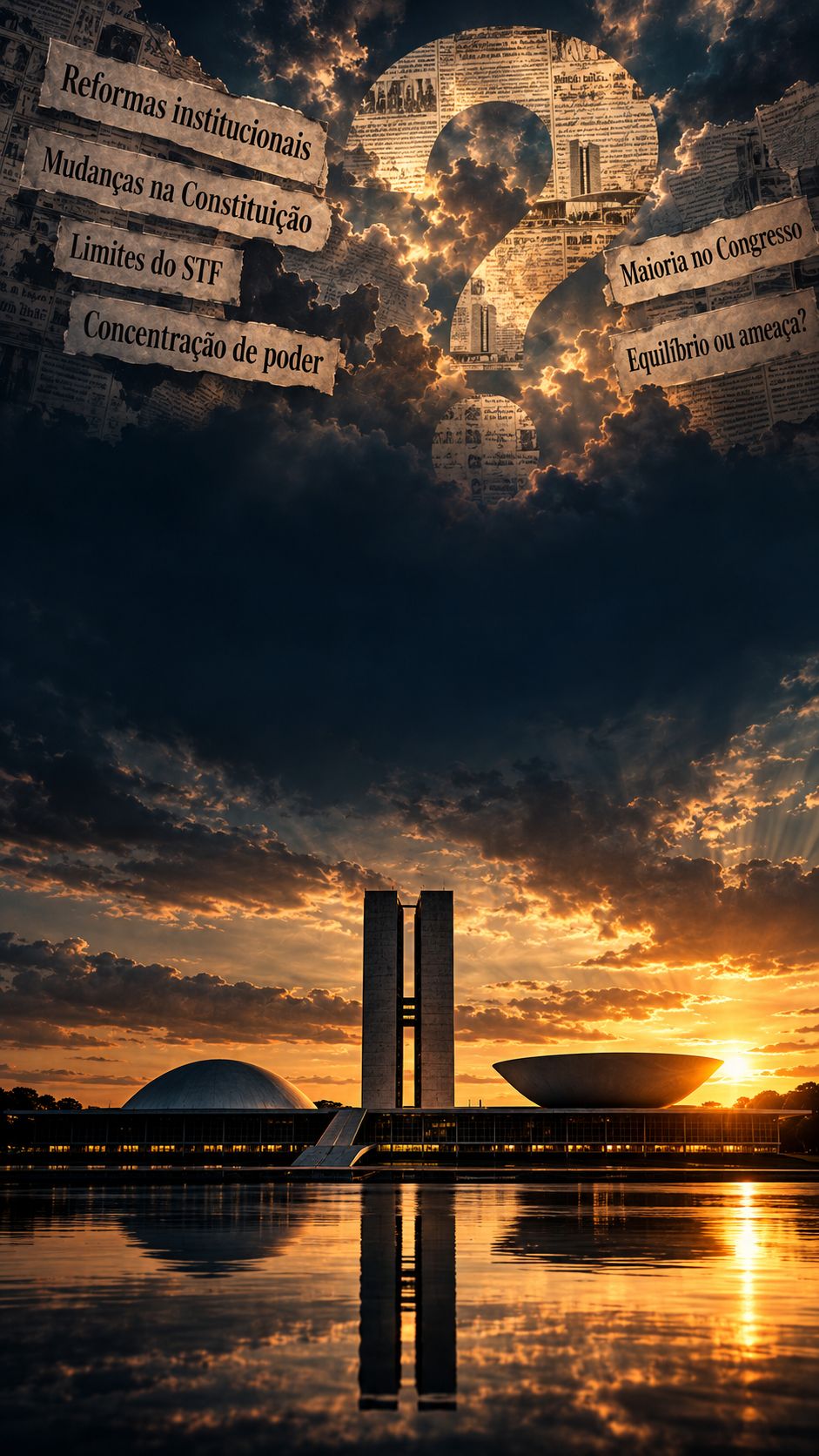 Congresso Nacional ao entardecer, sob um grande ponto de interrogação formado por recortes de jornal